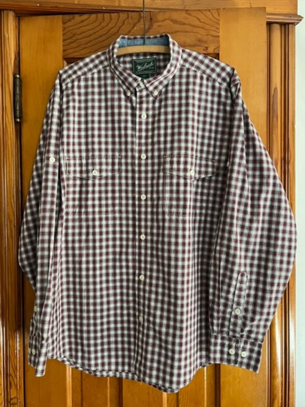 Woolrich Long Roll Tab Sleeve Red Blue Plaid Cotton Shirt Men's Large